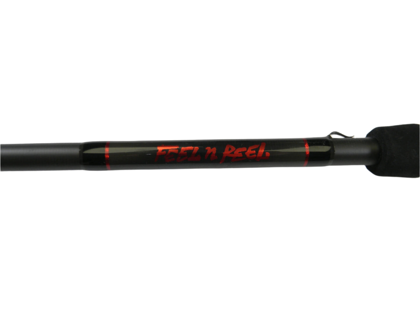 Close-up of a used Kistler Feel n Reel FNR70MH 7'0" Medium Heavy casting rod in excellent condition. Its black surface has "Feel 'n Reel" in bold red letters, and the shiny finish features subtle reflections, perfect for earning store credit through the Nation's Best Rod and Reel Trade-In Program.