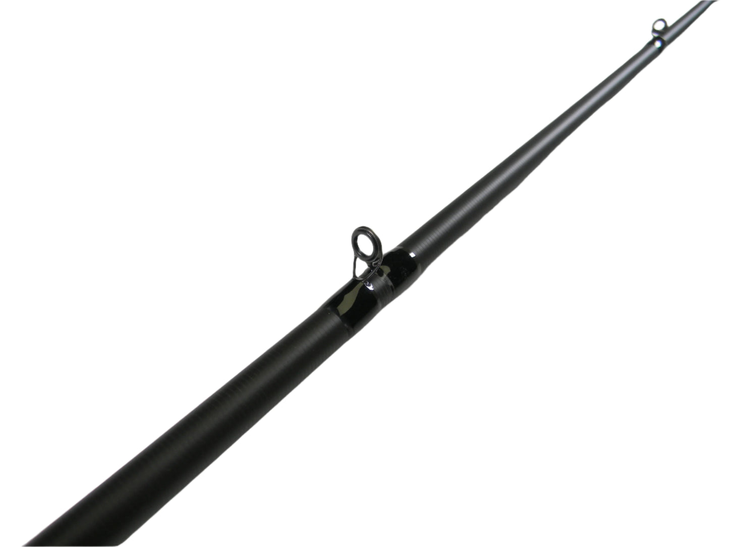 Close-up of a Kistler Feel n Reel FNR70MH 7'0" Medium Heavy black casting rod, angled diagonally to showcase its guide ring against a white background. Ideal for participants in the Nation's Best Rod and Reel Trade-In Program seeking store credit for used gear.