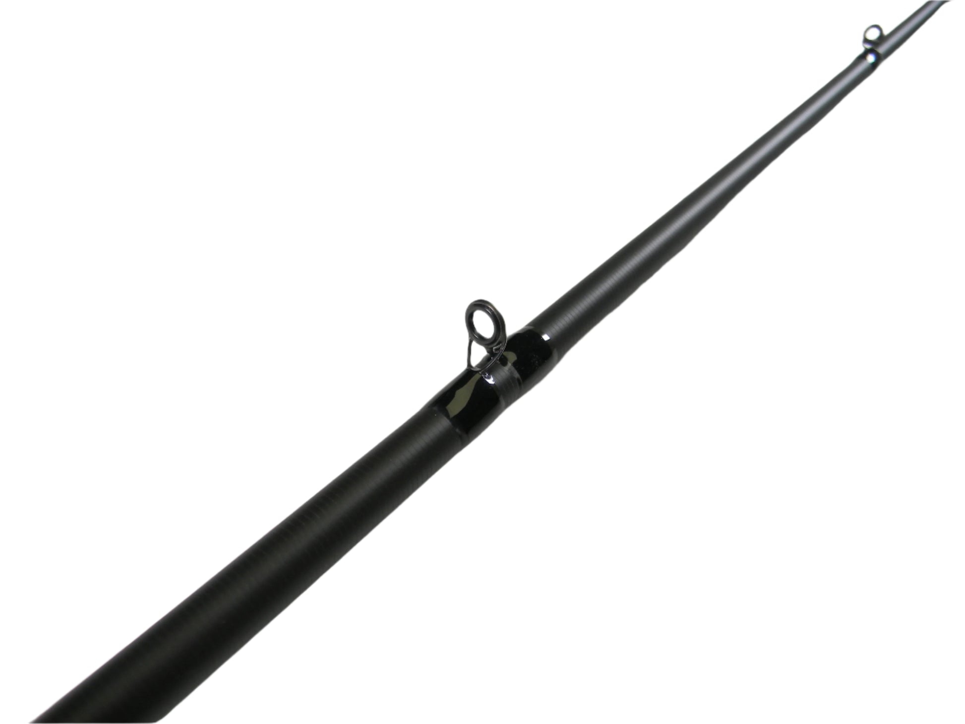 Close-up of a Kistler Feel n Reel FNR70MH 7'0" Medium Heavy black casting rod, angled diagonally to showcase its guide ring against a white background. Ideal for participants in the Nation's Best Rod and Reel Trade-In Program seeking store credit for used gear.