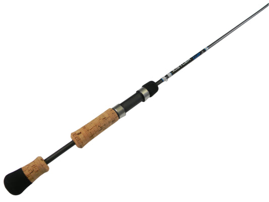 The Kistler Ultra Light ULS-60-UL 6'0" Used Spinning Rod, featuring a cork handle and metallic sections, is laid diagonally on a plain white surface. It's ideal for our Rod and Reel Trade-In Program. Upgrade your used gear for store credit towards new aquatic adventures.