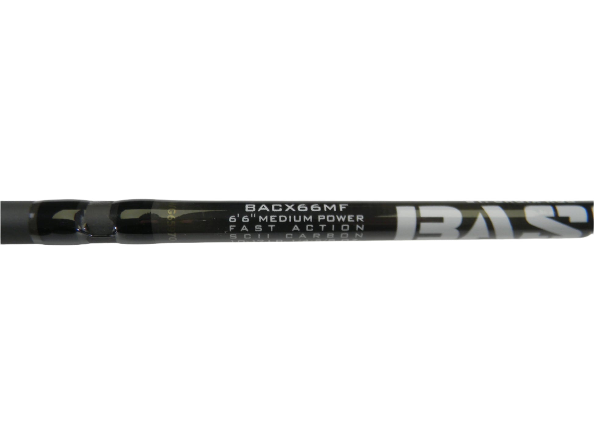 A close-up of a St. Croix Bass X BACX66MF 6'6" Medium Casting Rod in excellent condition showcases the "SCII Carbon" design on a black rod with white text, perfect for our Rod and Reel Trade-In Program to upgrade your used gear into store credit.