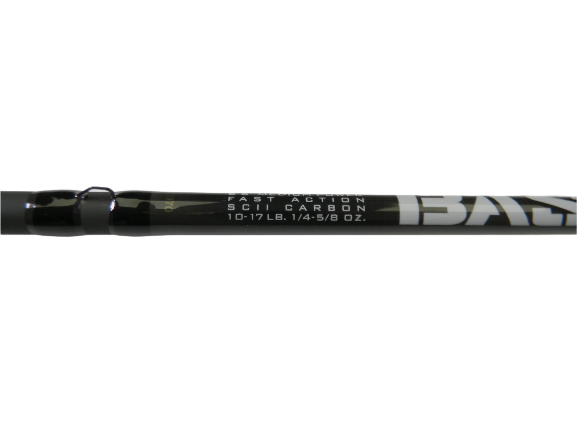 Close-up of a St. Croix Bass X BACX66MF 6'6" Medium Casting Rod with "FAST ACTION SCII CARBON 10-17 LB. 1/4-5/8 OZ." text on the glossy black finish. This used rod in excellent condition is ideal for those trading in quality gear through our Rod and Reel Trade-In Program for store credit.