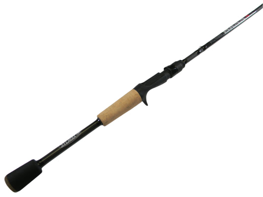The St. Croix Bass X BACX68MXF 6'8" Medium Casting Rod in black, with a cork handle and elegant taper, is perfect for the Rod and Reel Trade-In program. This used rod in excellent condition features a reel seat, guides, and sleek design against a white background.