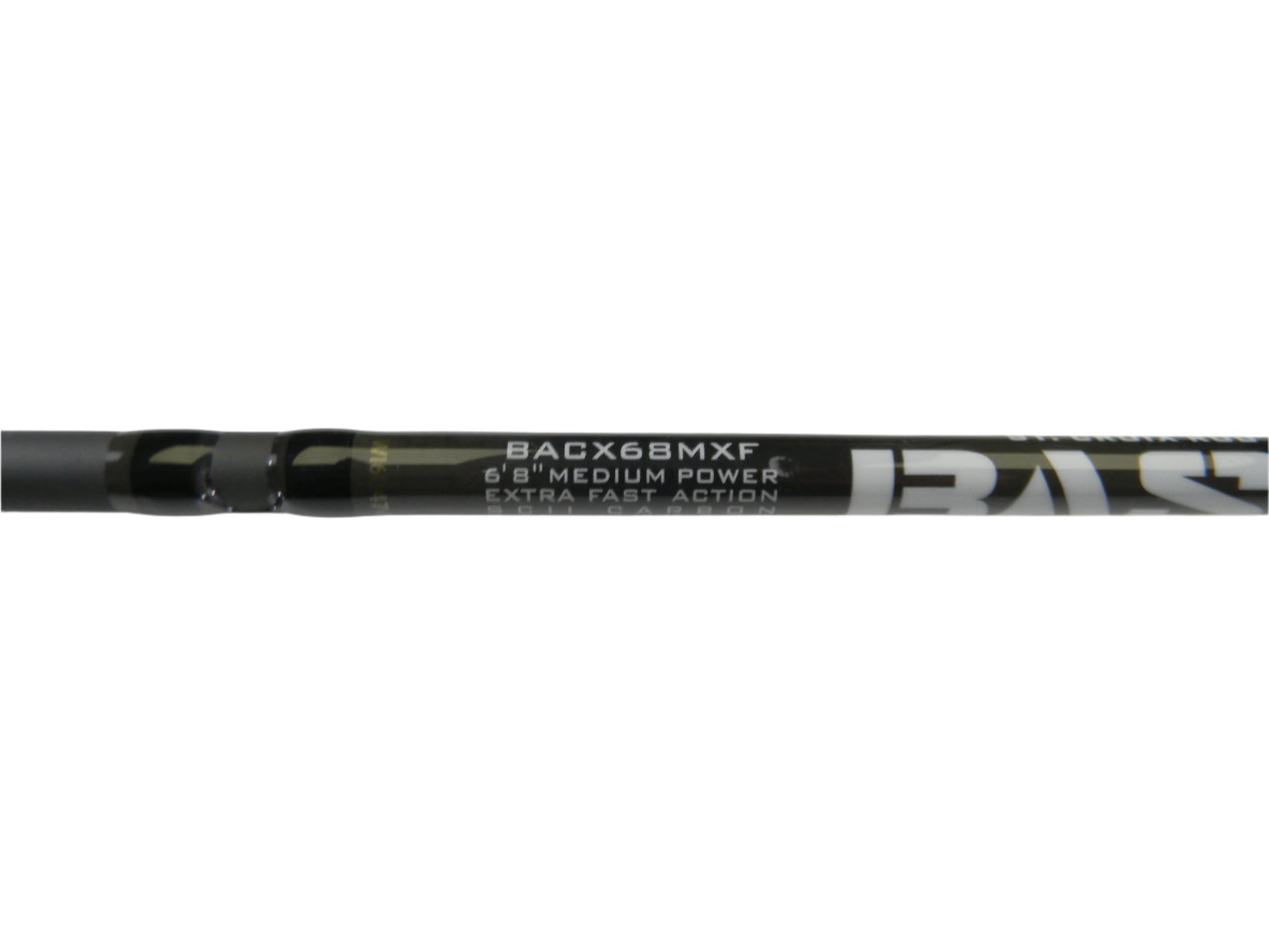 A close-up of the St. Croix Bass X BACX68MXF 6'8" Medium rod showcases "Medium Power Extra Fast Action" in white on its sleek black design. Ideal for enhancing your collection or using in our Rod and Reel Trade-In program to earn store credit.