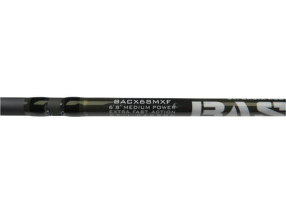 A close-up of the St. Croix Bass X BACX68MXF 6'8" Medium rod showcases "Medium Power Extra Fast Action" in white on its sleek black design. Ideal for enhancing your collection or using in our Rod and Reel Trade-In program to earn store credit.