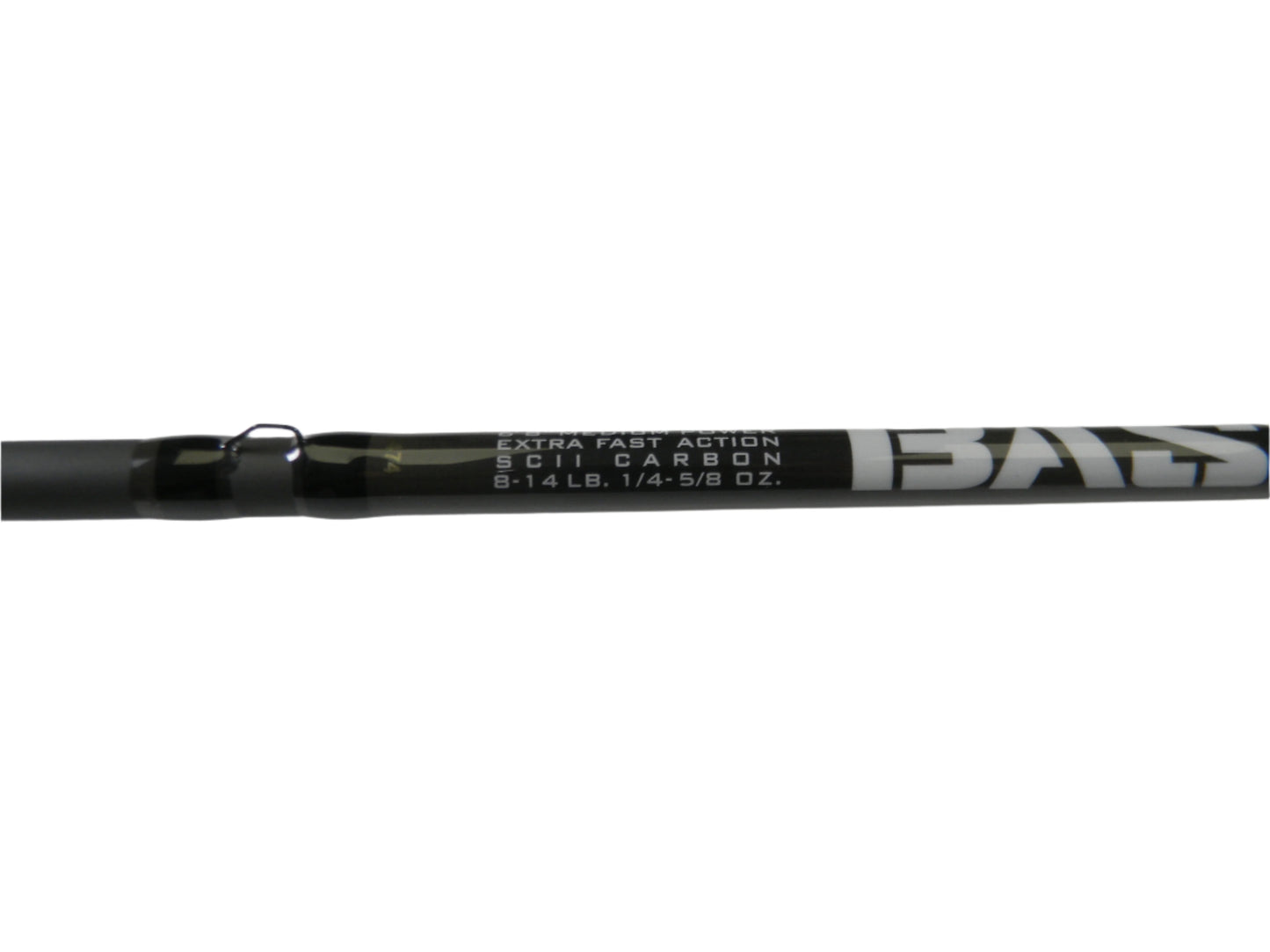 Close-up of the St. Croix Bass X BACX68MXF 6'8" Medium rod showcasing "Extra Fast Action SCI Carbon 8-14 LB, 1/4-5/8 OZ." text. Mostly black with white and gray accents, it's ideal for your next adventure or consider an upgrade through our Rod and Reel Trade-In program. Condition: Excellent.