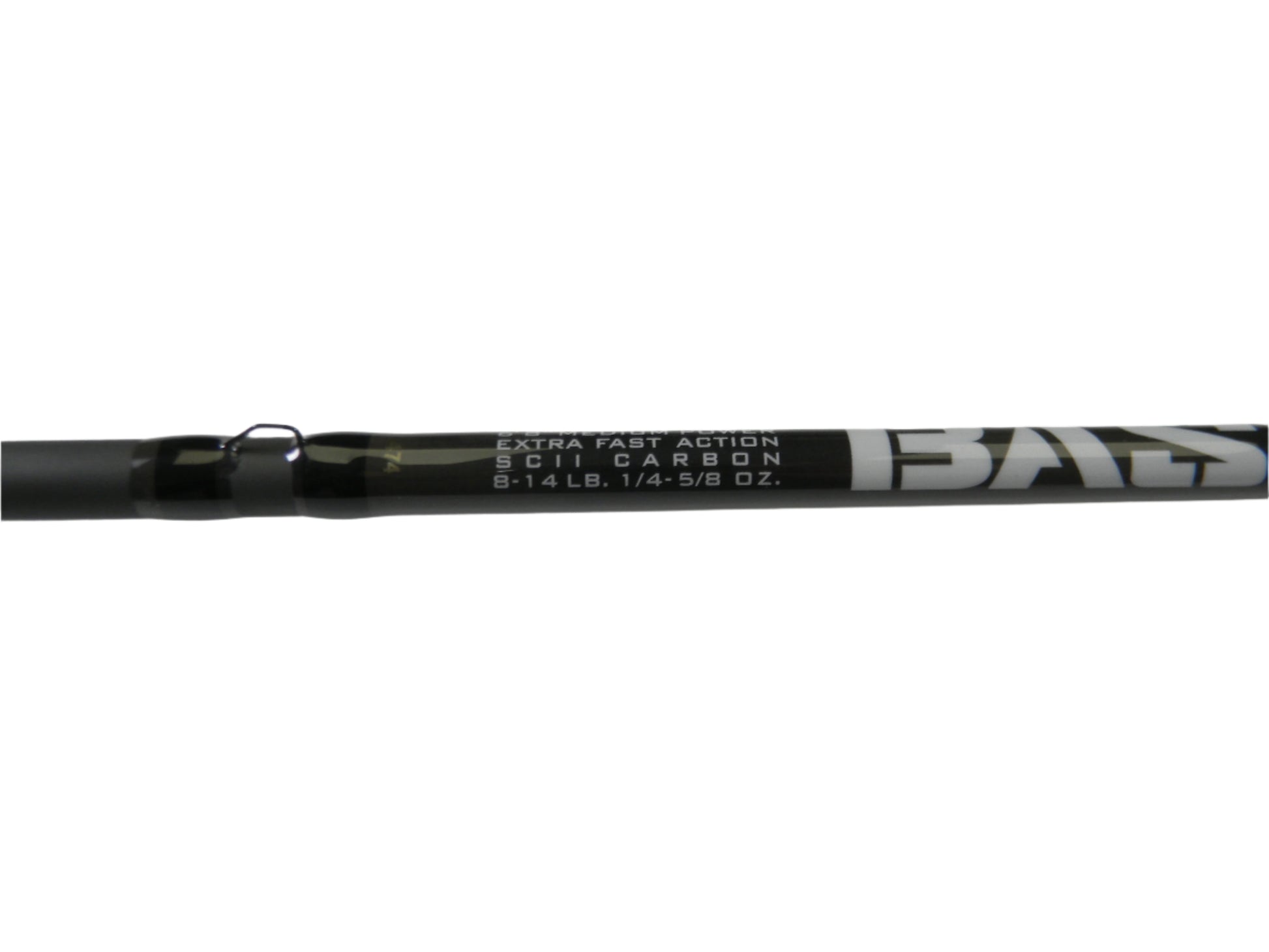 Close-up of the St. Croix Bass X BACX68MXF 6'8" Medium rod showcasing "Extra Fast Action SCI Carbon 8-14 LB, 1/4-5/8 OZ." text. Mostly black with white and gray accents, it's ideal for your next adventure or consider an upgrade through our Rod and Reel Trade-In program. Condition: Excellent.