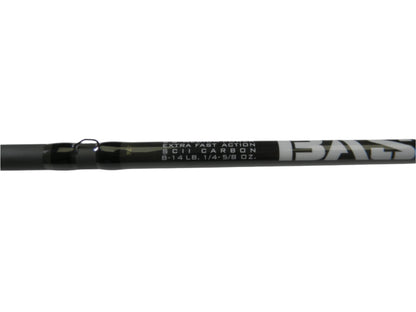Close-up of the St. Croix Bass X BACX68MXF 6'8" Medium rod showcasing "Extra Fast Action SCI Carbon 8-14 LB, 1/4-5/8 OZ." text. Mostly black with white and gray accents, it's ideal for your next adventure or consider an upgrade through our Rod and Reel Trade-In program. Condition: Excellent.