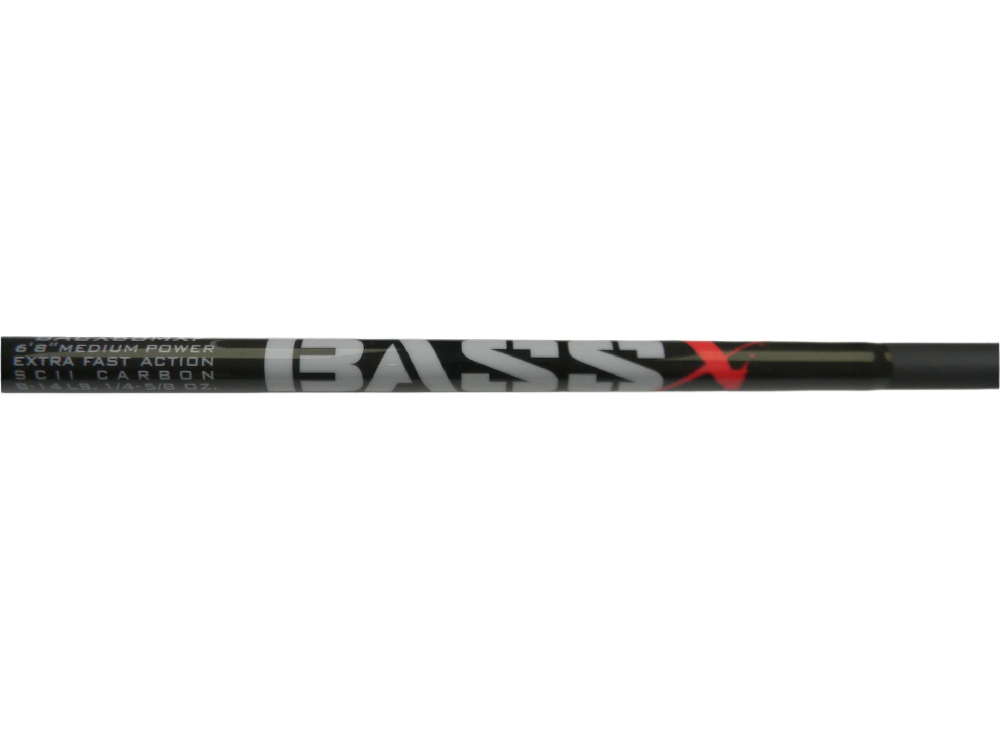 A close-up of a St. Croix Bass X BACX68MXF Casting Rod in excellent condition, featuring "6'8" Medium Power," "Extra Fast Action," and "SCII Carbon." Ideal for your next fishing trip or to enhance your store credit at our Rod and Reel Trade-In event, set against a plain white backdrop.