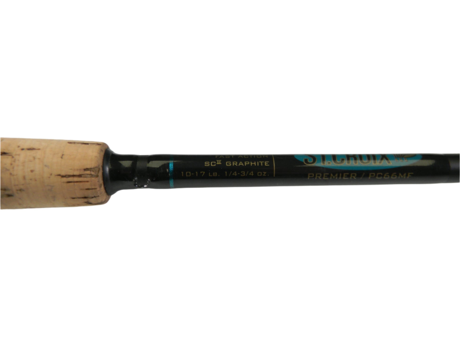 Close-up of a St. Croix Premier PC66MF 6'6" Medium Used Casting Rod with a cork handle, black with "SCII Graphite" and "Premier / PC66MF" in blue. Part of our Rod and Reel Trade-In Program, it's ideal for anglers looking for quality gear with store credit options.