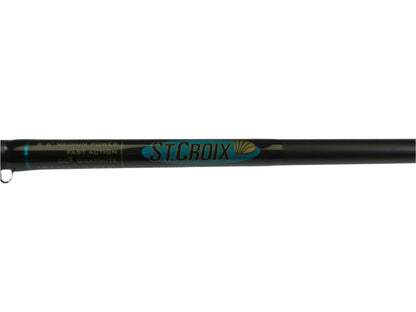 Close-up of a St. Croix Premier PC66MF 6'6" Medium casting rod from the Rod and Reel Trade-In Program, featuring the blue and gold logo on black. Gold text reads "Medium Power, Fast Action, SC II Graphite," with a plain white background.