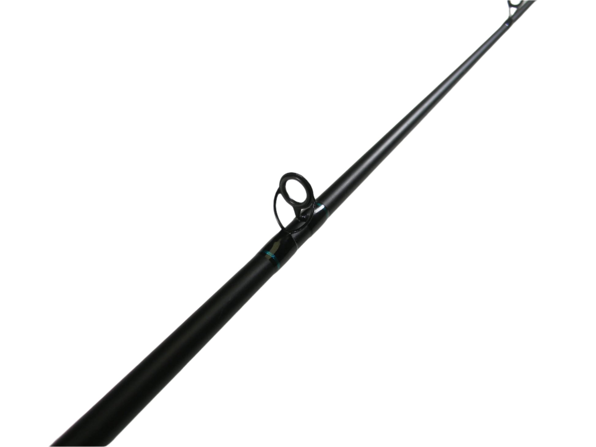 A close-up of a St. Croix Premier PC66MF casting rod in excellent condition, resting on a light surface with focus on its metallic guide ring. This black 6'6" medium rod extends diagonally, ideal for our Rod and Reel Trade-In Program for store credit on used gear.