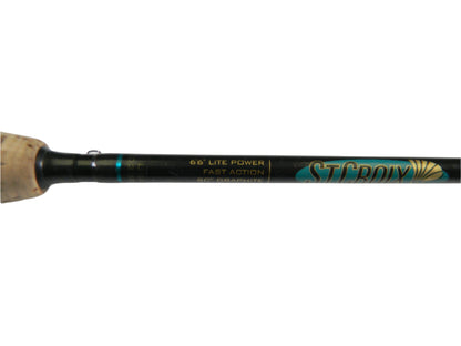 The St. Croix Premier PS66LF2 Spinning Rod, in good condition, features a cork handle and is labeled "6'6'' Lite Power, Fast Action, SCII Graphite." Consider our Rod and Reel Trade-In Program for fresh adventures and potential store credit.