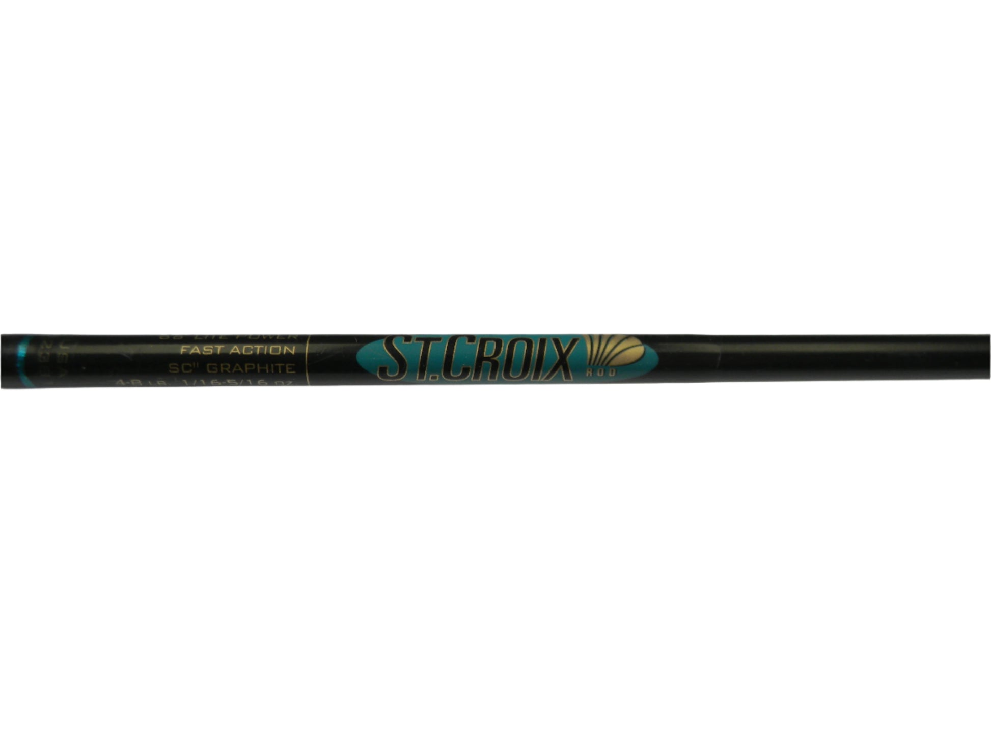 Close-up of the St. Croix Premier PS66LF2 6'6" Light 2 Piece spinning rod, featuring a sleek black design with gold text near the handle. Offered in our Rod and Reel Trade-In Program, this used rod ensures quality for both new and seasoned gear enthusiasts.