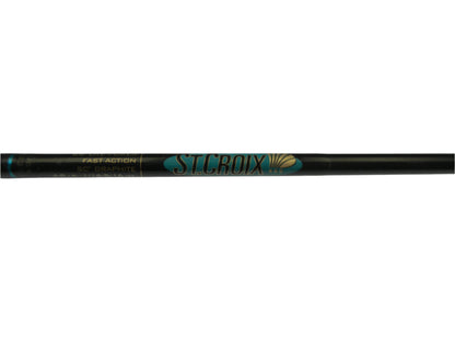 Close-up of the St. Croix Premier PS66LF2 6'6" Light 2 Piece spinning rod, featuring a sleek black design with gold text near the handle. Offered in our Rod and Reel Trade-In Program, this used rod ensures quality for both new and seasoned gear enthusiasts.
