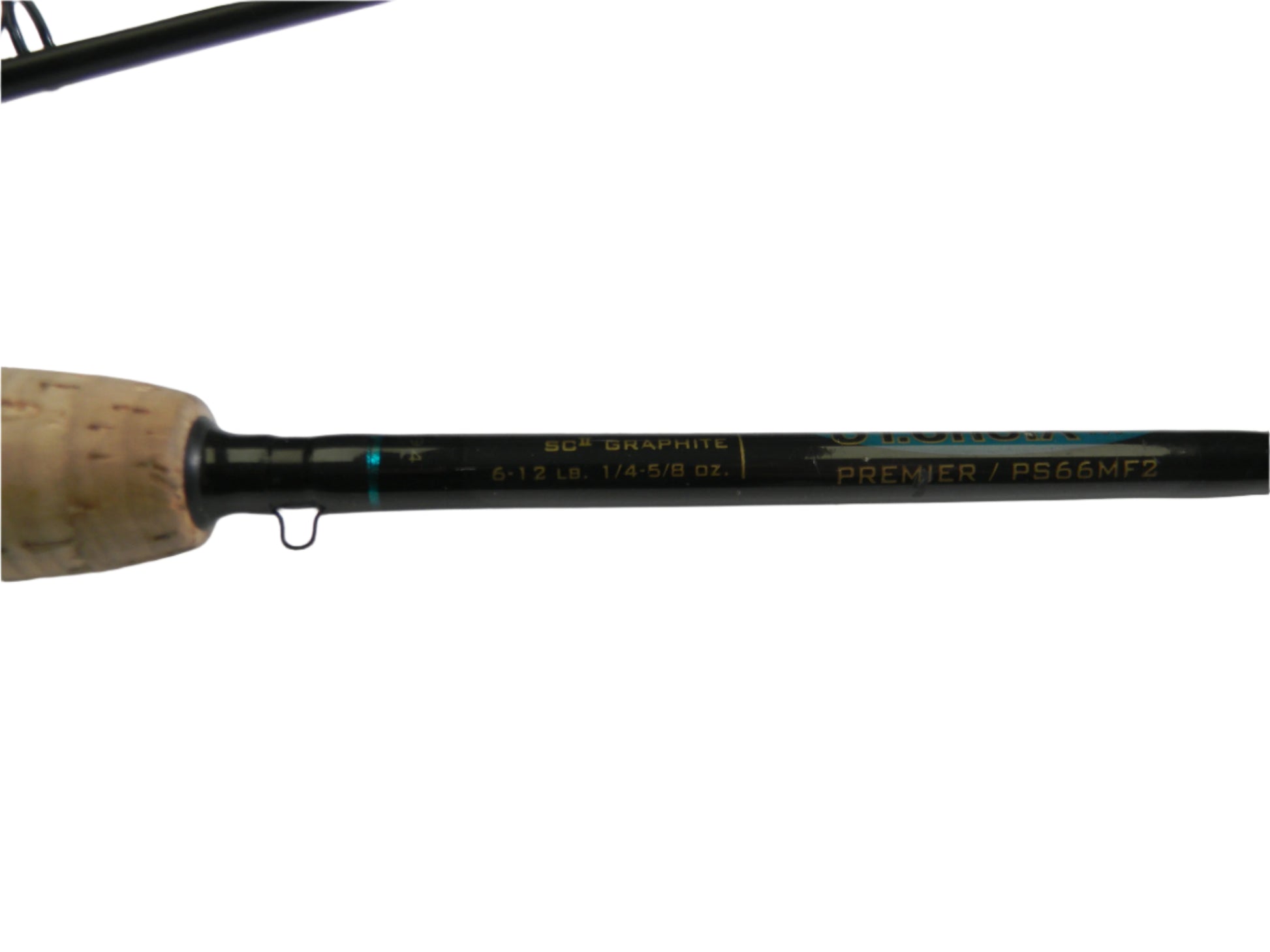 Close-up of a St. Croix Premier PS66MF2 spinning rod with a cork handle and black shaft, labeled "SCII GRAPHITE," specs 6-12 lb, 1/4-5/8 oz. Perfect for our Rod and Reel Trade-In Program for store credit on used gear.