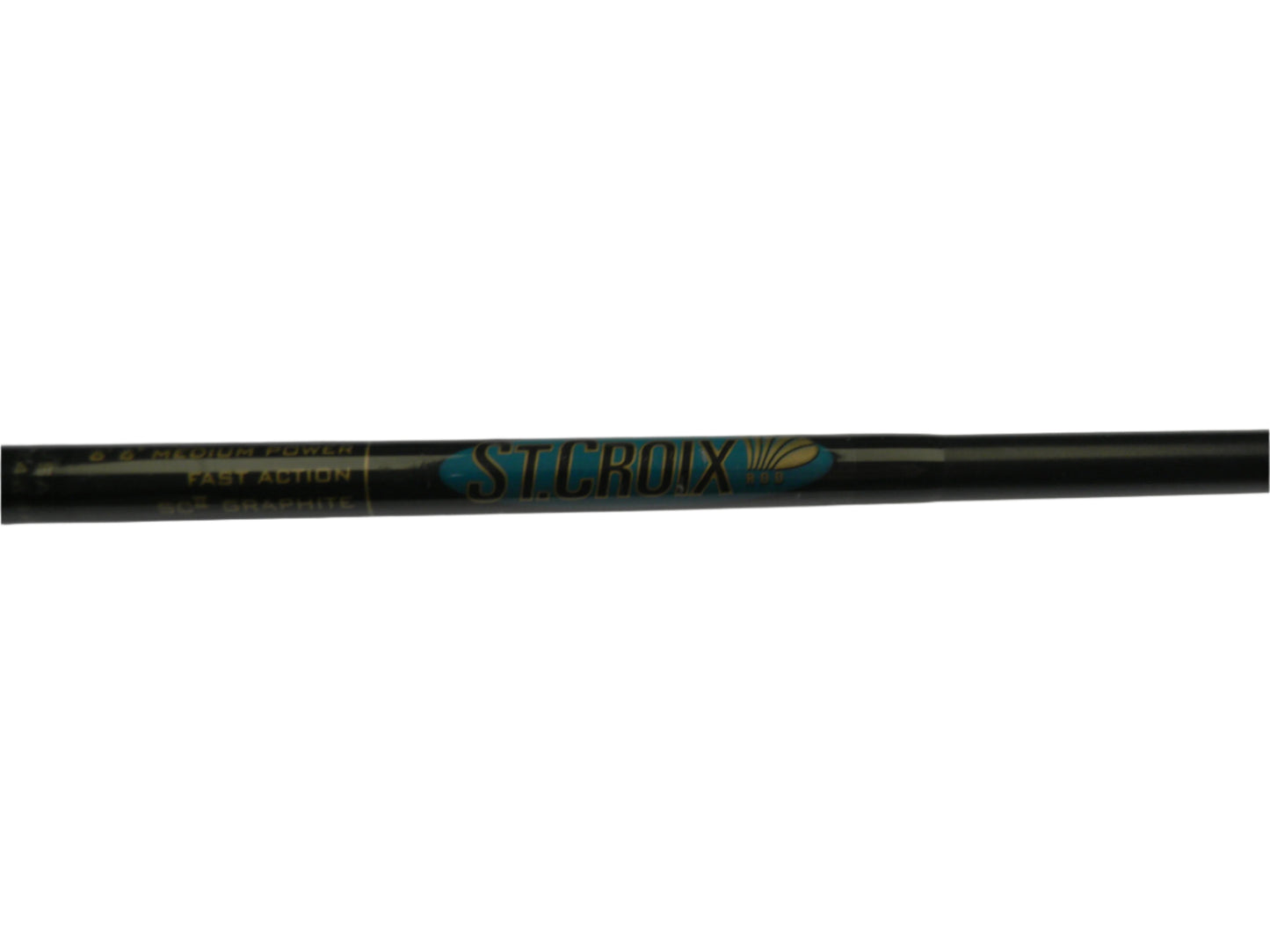 Close-up of a St. Croix Premier PS66MF2 6'6" Medium 2 Piece, showcasing the brand name in blue and gold on the sleek black rod featuring "Fast Action" and "SCII Graphite." Earn store credit by updating your used gear collection through our Rod and Reel Trade-In Program.