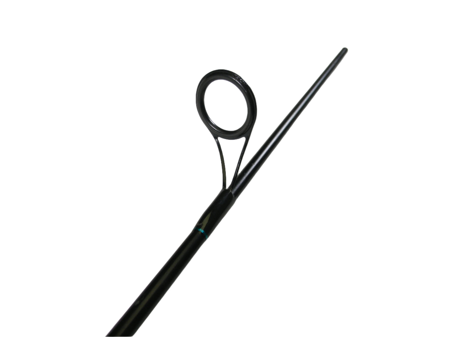 A close-up of the St. Croix Premier PS66MF2 6'6" Medium 2 Piece spinning rod shows a circular guide on its sleek black design. Trade in your used gear through our program for an upgrade or store credit.