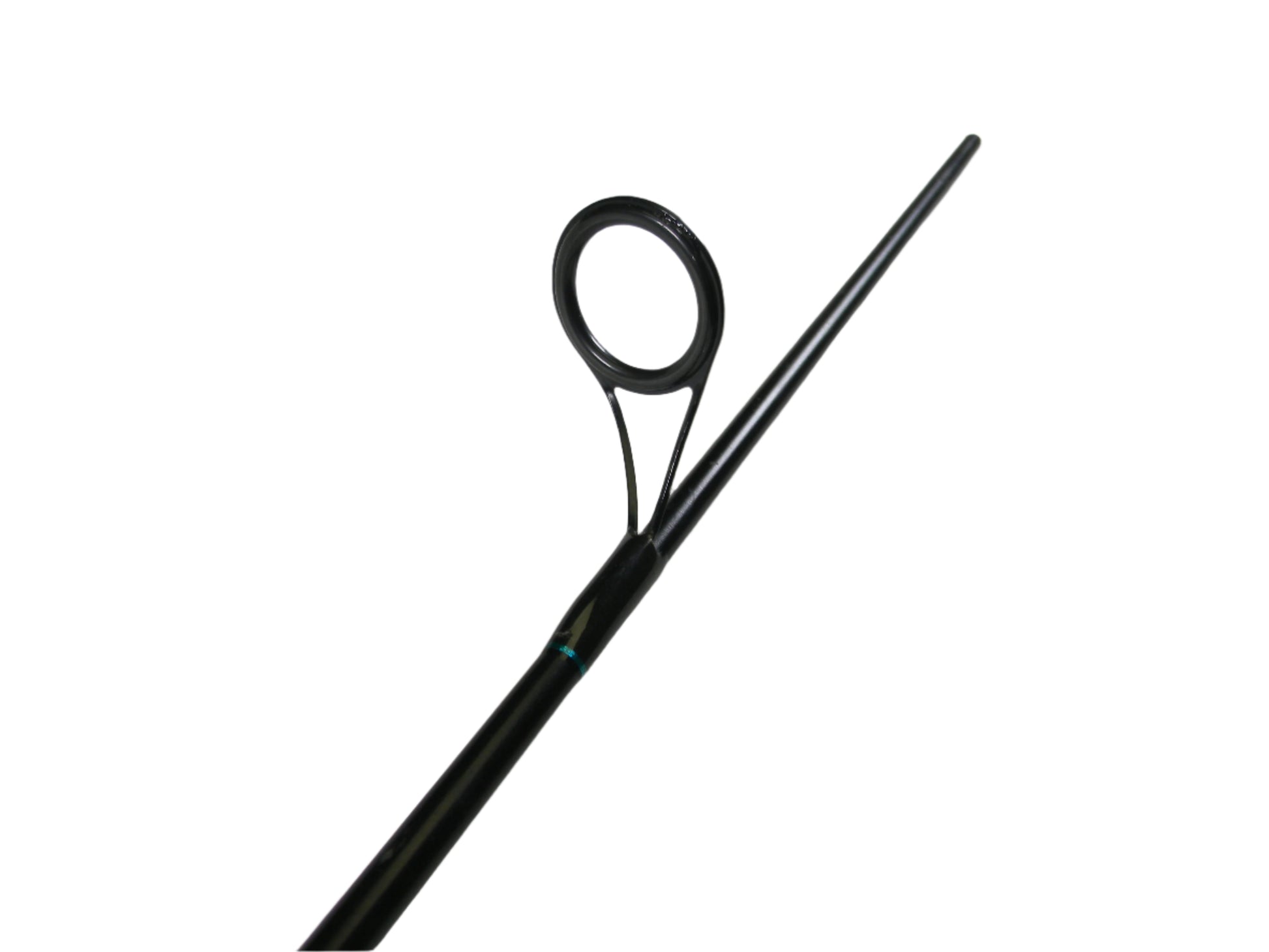 A close-up of the St. Croix Premier PS66MF2 6'6" Medium 2 Piece spinning rod shows a circular guide on its sleek black design. Trade in your used gear through our program for an upgrade or store credit.