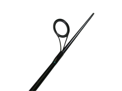 A close-up of the St. Croix Premier PS66MF2 6'6" Medium 2 Piece spinning rod shows a circular guide on its sleek black design. Trade in your used gear through our program for an upgrade or store credit.