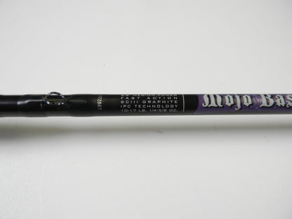 Close-up of a St. Croix Mojo Bass MJC68MF Jerkbait rod shows "Fast Action SCIII Graphite," "IPC Technology," and weight specs "10-17 LB. 1/4-5/8 OZ." The handle is partially visible, making it ideal for trade-in or store credit opportunities.