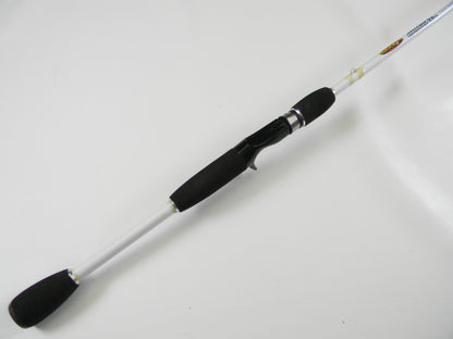 The Duckett White Ice DFWI70MCC Timmy Horton 7'0" Medium Crankin' is a white casting rod with black grips and reel seat, ideal for upgrades through our Rod and Reel Trade-In Program.