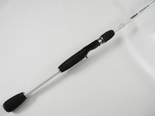 The Duckett White Ice DFWI70MCC Timmy Horton 7'0" Medium Crankin' is a white casting rod with black grips and reel seat, ideal for upgrades through our Rod and Reel Trade-In Program.