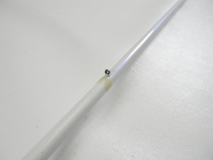 Close-up of a Duckett White Ice DFWI711MHCC Byron Velvick 7'11" Medium Heavy Lure Launcher casting rod against a white background, perfect for a Rod and Reel Trade-In. The slender white rod, in very good used condition, features a small black hinge wrapped in yellowish tape.