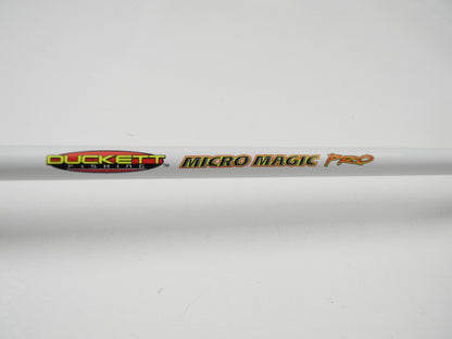 Close-up of a used Duckett Micro Magic Pro DFMP69MHC 6'9" Medium Heavy casting rod in excellent condition, branded with the "Duckett" logo. Eligible for our Rod and Reel Trade-In Program for store credit towards new or used gear. Set against a plain white background.