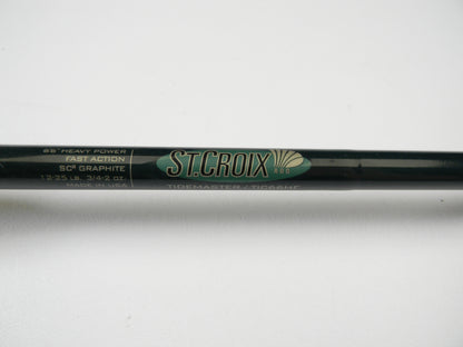 Close-up of a St. Croix Tidemaster TIC66HF 6'6" Heavy - Used Casting Rod displaying "SCII Graphite, Fast Action, 1-2.5 lb. 3/4-2 oz., Made in USA." Ideal for the Rod and Reel Trade-In Program where you trade used gear for store credit on your next adventure.