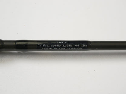 Close-up of the Cashion F90474b rod shows specs: 7'4" fast, med-hvy 12-65lb, 1/4-1 1/2oz; ideal for our Rod and Reel Trade-In program to refresh or trade used gear.