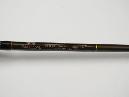 Close-up of a Falcon Lowrider LFC-72HH Flippin Stik 7'2" Heavy casting rod in excellent condition, featuring "15-30 lb 1/2-1 1/2 oz," "Action H," and "Flex F." Add this to your tackle collection and use the Rod and Reel Trade-In Program for valuable store credit.