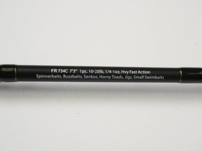 A close-up of the Dobyns Fury FR734C 7'3" Heavy in excellent condition. Perfect for spinnerbaits and jigs, its specs are 1pc, 10-20lb, 1/4-1oz, Hvy Fast Action. Upgrade using our Rod and Reel Trade-In Program to earn store credit toward new or used gear.