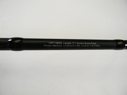 The Ark Fishing Invoker Pro IVP71MXS 7'1" Medium spinning rod in excellent used condition is featured in a close-up, highlighting its extra fast action and specifications (Line wt: 6-12lb, Lure wt: 1/8-5/8oz) against a pristine white backdrop from our Rod and Reel Trade-In Program.