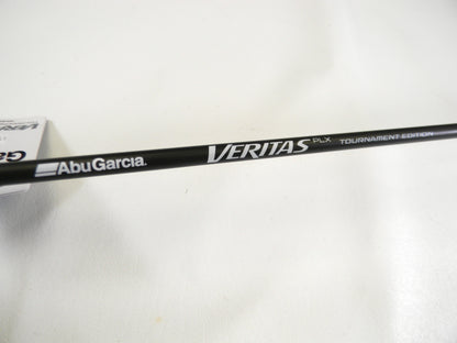 Close-up of a black fishing rod with "Abu Garcia" and "Veritas Tournament VXTC72-5" text on a white backdrop, ideal for our Rod and Reel Trade-In program for store credit.