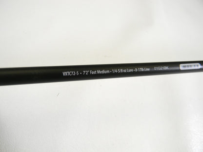 Close-up of the Abu Garcia Veritas Tournament VXTC72-5 7'2" Medium casting rod against a white background. This black rod, with white text showing specs like measurements and line weight capacity, is perfect for upgrading used gear through our Rod and Reel Trade-In program. Mint condition!.