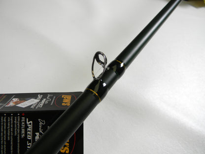 Close-up of a Lew's David Fitts Perfect Crankbait LDFP76MH black casting rod, with a silver guide loop on a white background. Partially visible label suggests history, perfect for those seeking used gear and store credit through the Rod and Reel Trade-In program. Mint condition, 7'6" medium heavy.