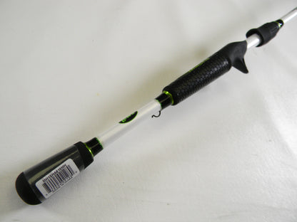 The Lew's Mach 1 MH1SHA610MH 6'10" Medium Heavy casting rod in mint condition, featuring a white and black handle with a barcode sticker, rests sleekly on a white surface—ideal for our Rod and Reel Trade-In Program.