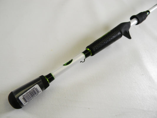 The Lew's Mach 1 MH1SHA610MH 6'10" Medium Heavy casting rod in mint condition, featuring a white and black handle with a barcode sticker, rests sleekly on a white surface—ideal for our Rod and Reel Trade-In Program.