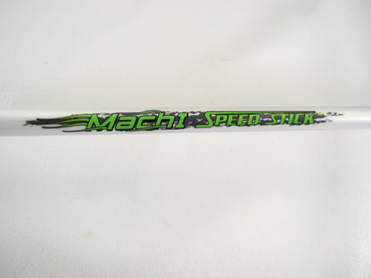 Close-up of a white Lew's rod featuring green and black text "Mach SPEED-STICK" with flame graphics, part of Rod and Reel Trade-In Program offering store credit for used gear. Product: Mach 1 MH1SHA610MH 6'10" Medium Heavy Used Casting Rod in Mint Condition.