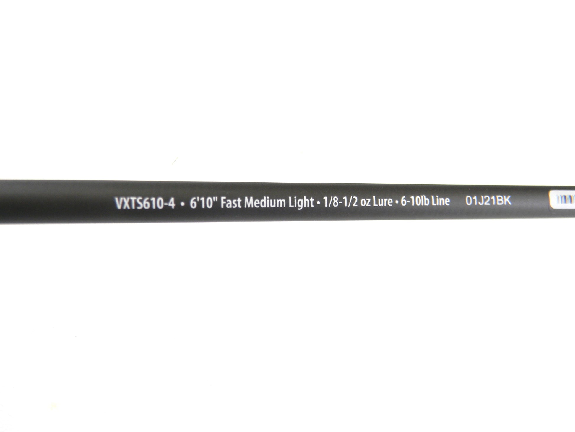 Close-up of a black Abu Garcia Veritas Tournament rod with white text: "VXTS610-4, 6'10" Fast Medium Light, 1/8-1/2 oz Lure, 6-10 lb Line, 01J21BK." Ideal for those looking to upgrade via our Rod and Reel Trade-In program.