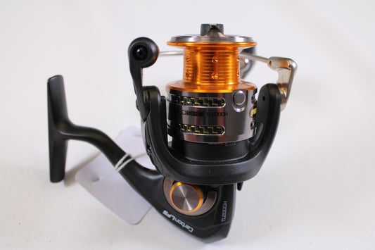A close-up of the Lew's Gold Spin Carbon LFS TL2000H 6:1:1 Used Spinning Reel in excellent condition, featuring a metallic orange spool and black handle—ideal for trade-in or earning store credit for your used Lew's gear.
