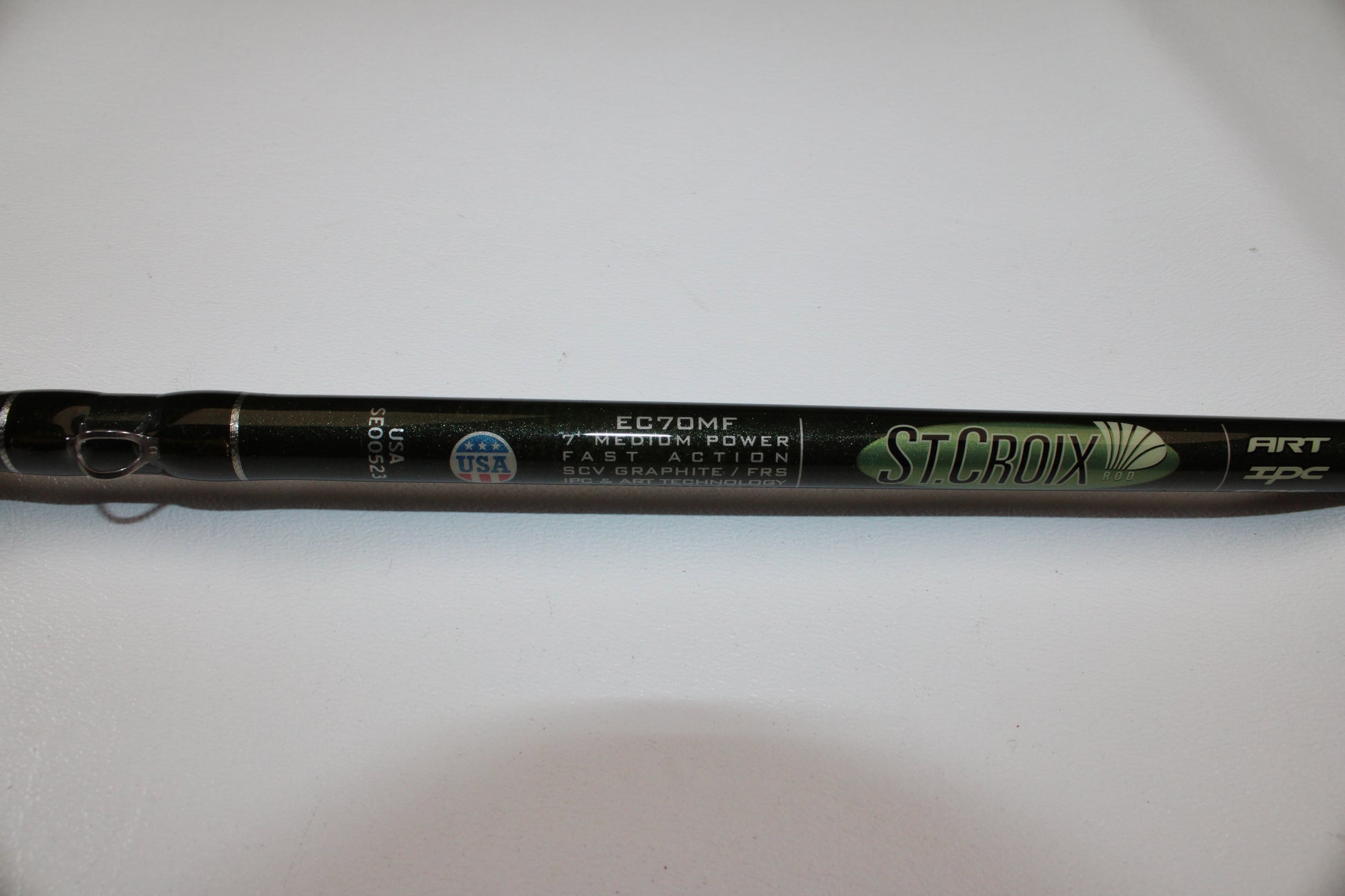 A close-up of the St. Croix Legend Elite EC70MF 7'0" Medium Casting Rod in excellent condition, featuring logo, model details, "Medium Power Fast Action," "SCV Graphite," and a "Made in USA" symbol—great for trade-in or your used gear collection.