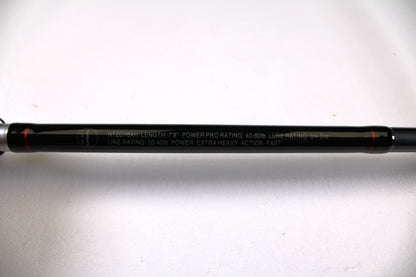Close-up of a Shimano Intenza NTZC78XH 7'8" XH Used Casting Rod in excellent condition, showing specs in white: 7’8” length, 40-80lb Power Pro rating, and extra heavy power—ideal for Rod and Reel Trade-In or gear assessment.
