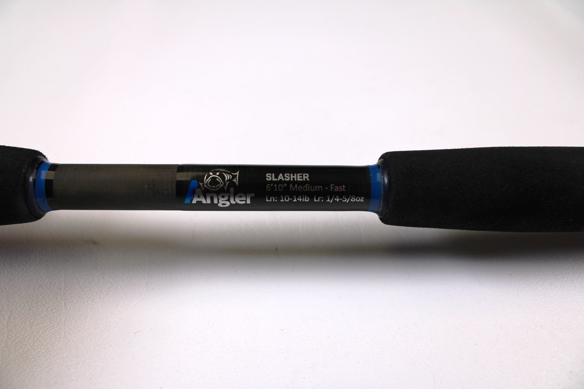 Close-up of the Alpha Angler Slasher 6'10" Medium Used Casting Rod—excellent condition—on a white background, ideal for those seeking pre-owned gear or trading in rods and reels for store credit.