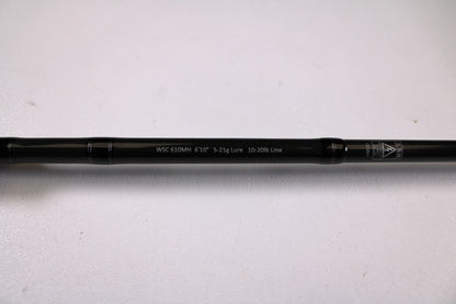 A close-up of a Legit Design Wild Side WSC 610MH 6'10" Medium Heavy Used Casting Rod in excellent condition, with specs "5-21g Lure, 10-20lb Line" shown, ideal for trade-in program fans, set against a plain white background.