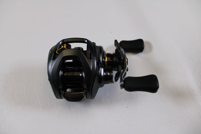A Daiwa Steez SV TW 1016SV-H 6.3:1 RH casting reel in excellent used condition sits on a white surface—ideal for those exploring our Rod and Reel Trade-In Program or quality Used Gear Condition options.