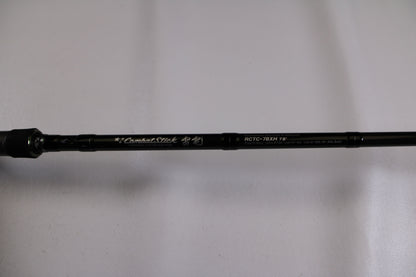 A close-up of an Evergreen Combat Stick RCTC-78XH Used Casting Rod in excellent condition, ideal for the Rod and Reel Trade-In Program or adding to your used gear collection. The black rod is set against a plain white background.