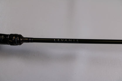 A close-up of the Megabass Levante F3-66LV Used Casting Rod in excellent condition, featuring "LEVANTE" on the shaft—ideal for those interested in quality used gear from our Rod and Reel Trade-In program.