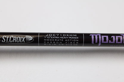Close-up of a used St. Croix Mojo Bass JOC710XHM Mag Cranker 7'10" XH casting rod in mint condition—eligible for our Rod and Reel Trade-In Program or store credit.